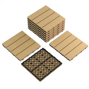 Waterproof Interconnected Composite Deck Tiles 12"x12" 9PCS/Set – Durable Plastic Wood Grain, Easy Snap-Install, All-Weather Outdoor Patio Flooring for Balcony, Porch, Pool, Backyard – Teak Color