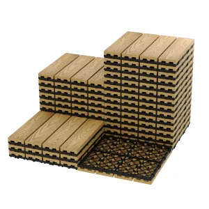 Waterproof Interwoven Deck Tiles 12"x12" 27PCS/Set for Outdoor & Indoor Patio, Composite Wood-Plastic, All-Weather Snap-Together Flooring, Easy DIY Installation, Teak