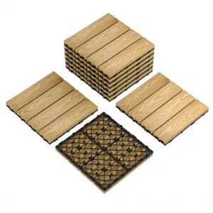 Waterproof Interwoven Deck Tiles 12"x12" 9PCS/Set for Outdoor Patio, Composite Wood-Plastic, All-Weather Snap-Together Flooring, Easy DIY Installation, Teak Color