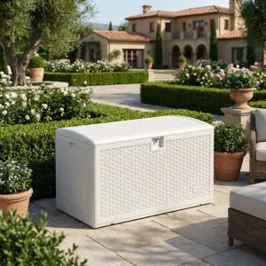 73 Gallon Waterproof Large Resin Deck Box – Lockable Indoor/Outdoor Storage Container for Patio Cushions, Pillows, Garden Tools & Pool Floats, White