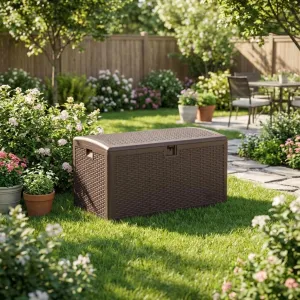 73 Gallon Waterproof Large Resin Deck Box – Lockable Indoor/Outdoor Storage Container for Patio Cushions, Pillows, Garden Tools & Pool Floats, Brown