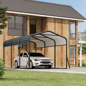 12x20 FT Heavy Duty Metal Carport – Reinforced Base & Galvanized Steel Roof – Outdoor Shelter Canopy for SUV, Truck, Boats – Portable Garage – Gray