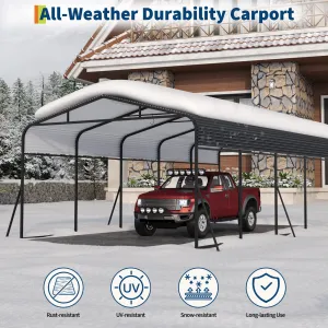 Heavy Duty 13x26 ft Metal Carport – Reinforced Base, Galvanized Steel Roof – Outdoor Car Shelter Canopy for SUV, Truck, Boats – Sturdy Garage Storage Solution, Gray