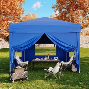 10x10 Pop Up Canopy Tent with 4 SideWalls, Easy Up Canopy with 3 Adjustable Height, Outdoor Sun Shade with 4 Sandbags & Carrying Bag for Camping, Parties,Outdoor Events-Blue