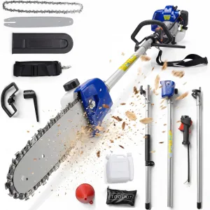 43cc Gas Pole Saw, 12" Bar 2-Stroke Tree Pruner with 16 ft Reach, 1200 ml Fuel Tank, Shoulder Strap, Gas-Powered Chainsaw for Tree Trimming