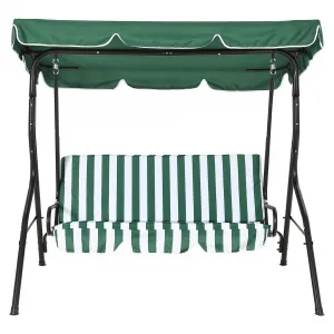 3-Seat Outdoor Swing Chair with Adjustable Canopy, Waterproof Cushions, Sturdy Steel Frame, Weather-Resistant Patio Glider Bench for Garden, Porch, Backyard - Green and White Stripes