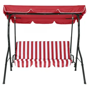 3-Seat Outdoor Swing Chair with Adjustable Canopy, Thick Cushions, Heavy-Duty Steel Frame, Non-Slip Feet, Removable Cushion, Weather-Resistant Patio Glider Bench for Garden, Porch, Backyard - Red and White Stripes