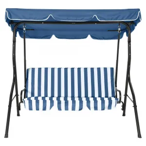3-Seat Outdoor Swing Chair with Adjustable Canopy, Removable Thick Cushions, Heavy-Duty Steel Frame, Weather-Resistant Patio Glider Bench for Lawn, Garden, Backyard - Blue and White Stripes