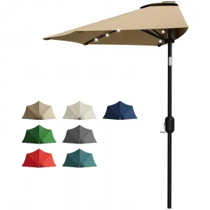 Solar LED Half Patio Umbrella, 9FT Outdoor Shade Parasol – Smooth Crank Lift, UV Protection, Ideal for Patio, Garden, Deck, Balcony, Backyard, Tan Color
