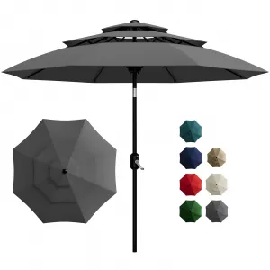 10FT 3-Tier Outdoor Patio Umbrella with Vented Canopy – UV Protection, Fade Resistant, 8 Sturdy Ribs, Easy Crank & Push-Button Tilt, Market Parasol for Pool, Deck, Garden, Yard – Gray