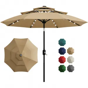 3-Tier Solar Patio Umbrella with LED Lights, Vented Canopy, Easy Crank & Tilt, 8 Sturdy Ribs – Outdoor Market Parasol for Garden, Deck, Pool – 10ft, Tan