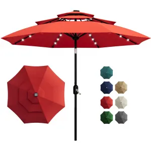 10FT 3-Tier Solar Patio Umbrella with LED Lights – Market Outdoor Table Umbrella, Vented Canopy, Easy Crank & Tilt, 8 Sturdy Ribs for Pool, Deck, Yard, Garden – Red