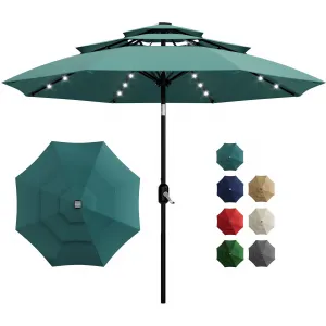 10FT 3-Tier Solar Patio Umbrella with LED Lights – Easy Crank, Push Button Tilt, Vented Canopy, 8 Sturdy Ribs, Outdoor Table Market Sunshade for Pool, Deck, Garden, Yard – Turquoise
