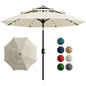 3-Tier Solar Patio Umbrella with LED Lights – 10FT Outdoor Market Table Umbrella, Vented Canopy, Easy Crank & Tilt, 8 Sturdy Ribs, UV Resistant, Waterproof – Perfect for Patio, Pool, Deck, Garden – Beige