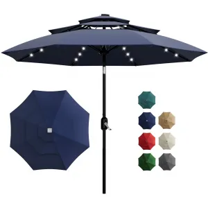 10FT 3-Tier Solar Patio Umbrella with LED Lights – Outdoor Market Table Umbrella, Vented Canopy, Easy Crank & Push Button Tilt, 8 Sturdy Ribs for Garden, Deck, Pool, or Yard – Navy Blue
