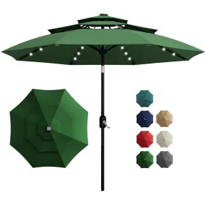 3-Tier Solar Patio Umbrella with LED Lights – 10FT Outdoor Market Table Umbrella, Vented Canopy, Easy Crank & Tilt, 8 Sturdy Ribs, Waterproof, UV Protection – Ideal for Patio, Pool, Deck, Garden – Dark Green