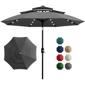 10FT 3-Tier Solar Patio Umbrella with LED Lights – Outdoor Table Umbrella, Vented Design, Easy Crank & Push Button Tilt, 8 Sturdy Ribs for Patio, Pool, Deck, Garden – Gray