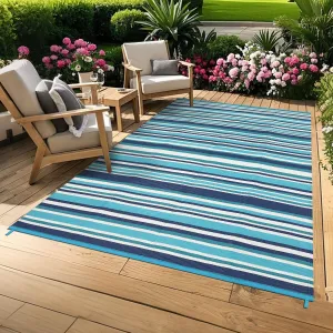 Waterproof Reversible Outdoor Rug 9x12ft - Modern Geometric Blue Striped Plastic Straw Patio Carpet, Durable Area Mat for Camping, Deck, Balcony, RV, Beach, Backyard - Four Colors (Navy Blue/Bright Blue/Light Blue/White)