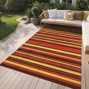 Reversible Outdoor Rug 9x18ft – Waterproof Plastic Straw Patio Carpet – Modern Colorful Striped Design for Balcony, Camping, Deck, Picnic, Backyard – Easy to Clean, Portable – Four Colors (Magenta/Red/Orange/Yellow), 9x18ft