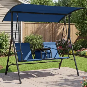 2-Person Outdoor Porch Swing with Adjustable Canopy – Cup Holders, Pivot Storage Table & Cooler Bag – Sturdy Steel Frame – Patio Swing for Garden, Balcony, Poolside – Blue