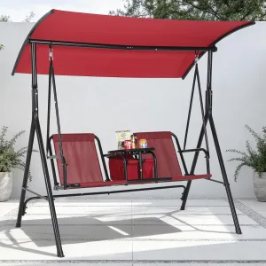 2-Person Outdoor Patio Porch Swing Chair with Adjustable Canopy – Cup Holders, Pivot Storage Table & Cooler Bag – Sturdy Steel Frame – For Backyard, Balcony, Poolside – Red