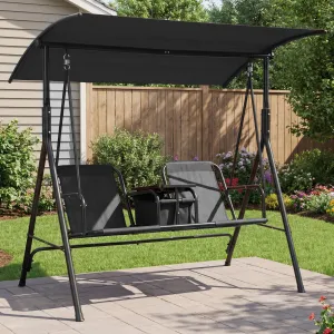 2-Person Outdoor Patio Porch Swing Chair with Adjustable Canopy – Cup Holders, Pivot Storage Table & Cooler Bag – Steel Frame – For Backyard, Balcony, Poolside – Black