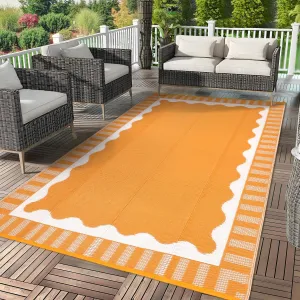 Waterproof & UV Resistant Outdoor Rug - 8x10ft Modern Reversible Plastic Mat - mark Resistant Patio Carpet for Backyard, Deck, Balcony, Camping - Orange White - 8x10ft