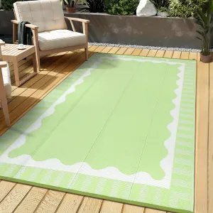 Reversible Outdoor Rug - Waterproof, spot Resistant Patio Carpet - Durable Plastic Mat for Patio, Backyard, Camping, RV, Deck - Modern Wave-Edge Design, Easy Care, 8x10ft, Light Green/White