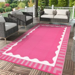 Reversible Outdoor Plastic Rug - Waterproof Patio Carpet with Modern Scalloped Edge - UV & Weather Resistant, Easy to Clean for Garden, Camping, Porch, Beach - 9x12ft, Hot Pink/White