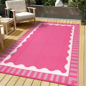 Reversible Waterproof Outdoor Rug - Modern Rose Red & White Wave Design - UV & Mark Resistant, Easy to Clean Patio Mat for Garden, Camping, Backyard, Porch - 8x10ft (244x305cm), Rose Red/White, 8x10ft