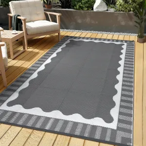 Modern Grey White Outdoor Rug - Reversible Waterproof Plastic Mat for Patio, Garden, Camping, Beach & Balcony - UV Resistant, Weatherproof, Easy Clean - 9x12ft