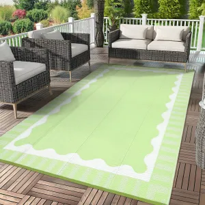 Reversible Waterproof Outdoor Rug - Modern Wave Design, Plastic Mat for Patio, Camping, RV, Garden, Deck & Beach - Weather Resistant, Easy Clean, Light Green/White - 9x12ft