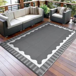 Reversible Outdoor Patio Rug - Waterproof & UV Resistant Plastic Carpet - Modern Grey White, Easy Clean, For Garden, Camping, Deck, Balcony, RV - Weatherproof, 9x18ft , Grey White
