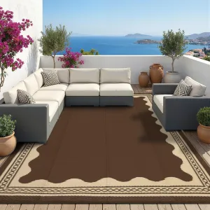 9x12 Outdoor Rug – Waterproof Reversible Patio Rug with Scalloped Border, Lightweight Foldable Plastic Straw Rug with Carry Bag for Deck, RV, Beach & Backyard