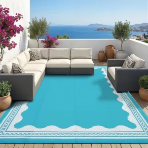 Outdoor Rug 8x10 Scalloped Waterproof Reversible Plastic Straw Foldable Lightweight Patio Deck Beach