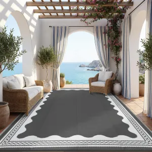 Large Outdoor Rug 10x14 Waterproof Reversible Foldable Plastic Straw Scalloped Design Lightweight Patio Deck Balcony Beach