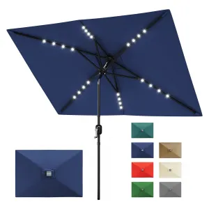 Solar Powered LED Patio Umbrella - 10' x 6.5' Outdoor Market Table Parasol - Crank Lift, Push Button Tilt, 6 Sturdy Ribs, Sun Protection for Garden, Deck, Lawn, Pool - Navy Blue