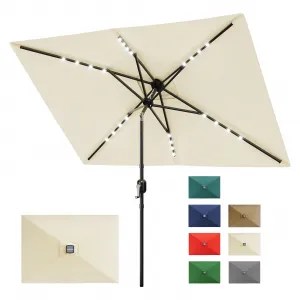 Solar Powered Rectangular Patio Umbrella 10' x 6.5' with LED Lights – Outdoor Market Table Umbrella with Crank & Tilt, 6 Sturdy Ribs for Garden, Deck, Lawn, Pool – Beige