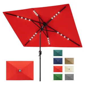 Solar Powered Rectangular Patio Umbrella 10' x 6.5' with LED Lights – Outdoor Market Table Umbrella with Crank, Push Button Tilt, 6 Sturdy Ribs for Garden, Deck, Lawn, Pool – Red