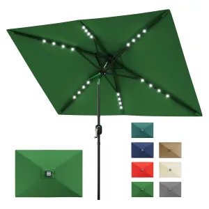 Solar Powered Rectangular Patio Umbrella 10' x 6.5' with LED Lights – Outdoor Market Table Umbrella with Crank, Push Button Tilt, 6 Sturdy Ribs for Garden, Deck, Lawn, Pool – Deep Green