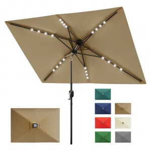 Solar Powered Rectangular Patio Umbrella 10' x 6.5' with LED Lights – Outdoor Market Table Umbrella with Crank, Push Button Tilt, 6 Sturdy Ribs for Garden, Deck, Lawn, Pool – Brown