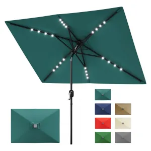 Solar Powered Rectangular Patio Umbrella 10' x 6.5' with LED Lights – Outdoor Market Table Umbrella with Crank, Push Button Tilt, 6 Sturdy Ribs for Garden, Deck, Lawn, Pool – Turquoise Blue