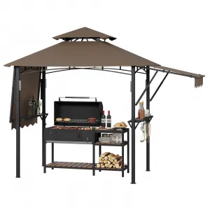 8x5 Grill Gazebo Outdoor BBQ Canopy Double Tier Ventilated Canopy Adjustable Dual Side Awnings Heavy Duty Steel Frame Shelves & Hooks Backyard