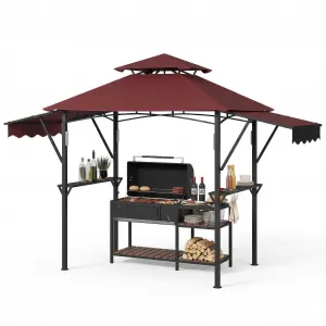 8x5 ft Grill Gazebo with Adjustable Dual Awnings, 2-Tier Ventilated BBQ Shelter, Steel Frame, Shelves & LED Lights, Claret, Backyard Garden