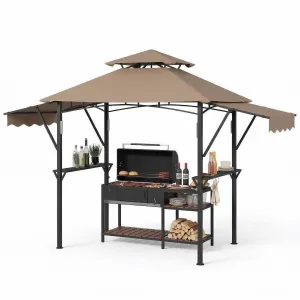 8x5 ft Grill Gazebo with Adjustable Dual Awnings, 2-Tier Ventilated BBQ Shelter, Steel Frame, Shelves & LED Lights, Khaki, Backyard Garden