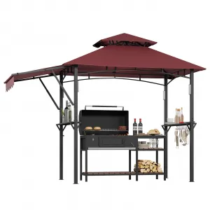 8x5 ft Grill Gazebo with Double-Tier Canopy, Adjustable Side Awnings, Heavy-Duty Steel Frame, Shelves & Hooks, LED Lights, Backyard Patio Shelter