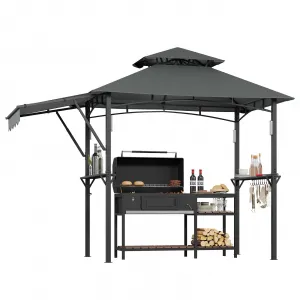 8x5 ft Grill Gazebo with Adjustable Dual Awnings & Double-Tier Canopy, Heavy-Duty Steel Frame, Side Shelves & Hooks, LED Lights, Patio & Backyard Shelter