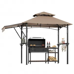 8x5 ft Grill Gazebo with Double-Tier Canopy & Adjustable Side Awnings, Heavy-Duty Steel Frame, Shelves & Hooks, 4 LED Lights, Khaki, Patio & Backyard