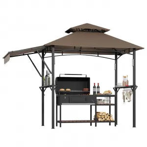 8x5 ft Grill Gazebo Outdoor BBQ Canopy with Adjustable Dual Side Awnings, Double-Tier Fire-Resistant Canopy, Heavy-Duty Steel Frame, Side Shelves & Hooks, Patio Backyard