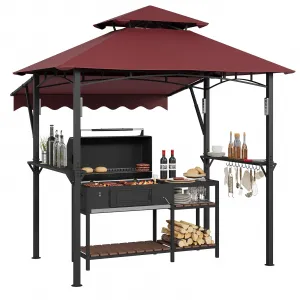 8' x 5' Grill Gazebo Canopy with 7' x 3' Awning, Heavy-Duty Q235 Steel Frame, Waterproof UV-Resistant Polyester, Double-Tiered Roof with Vents, Shelves & LED Lights for Patio BBQ